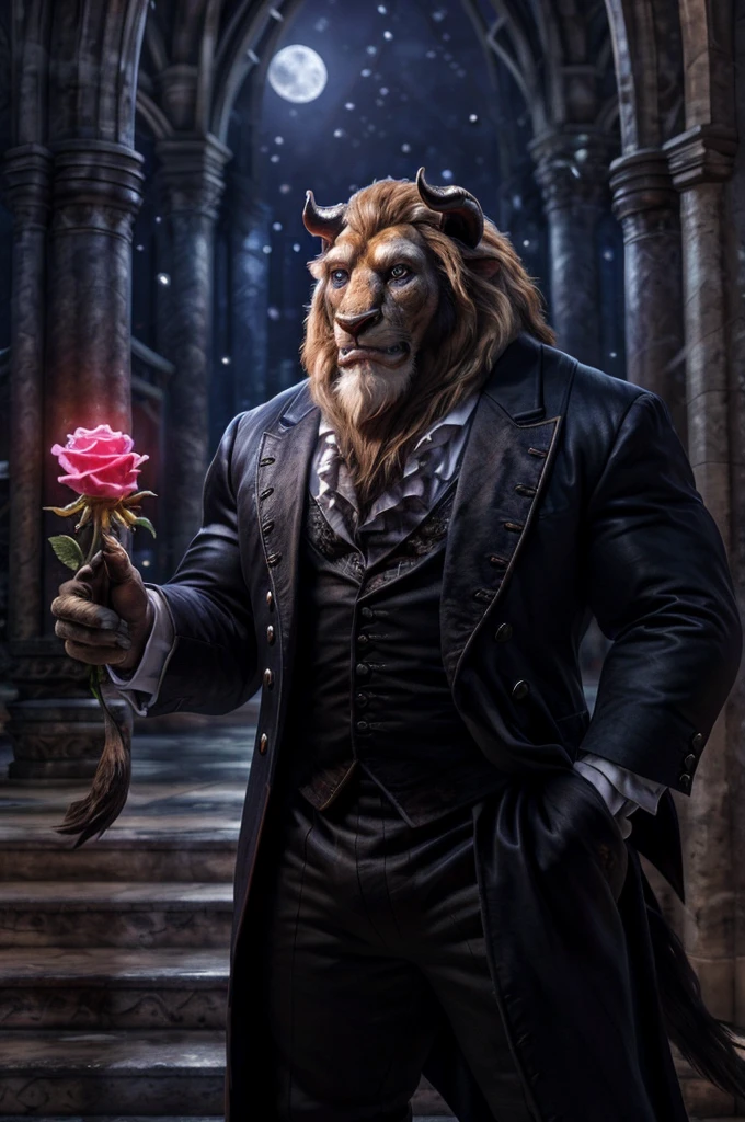 (photographic rendering, hyperrealistic, photorrealistic textures:1.2), male, beast (disney), solo, front view, clothed, clothing, wearing victorian suit, suit, fancy, bottomwear, muscular, horn, tail, lion tail, cathedral, moonlight, night, rose, holding object