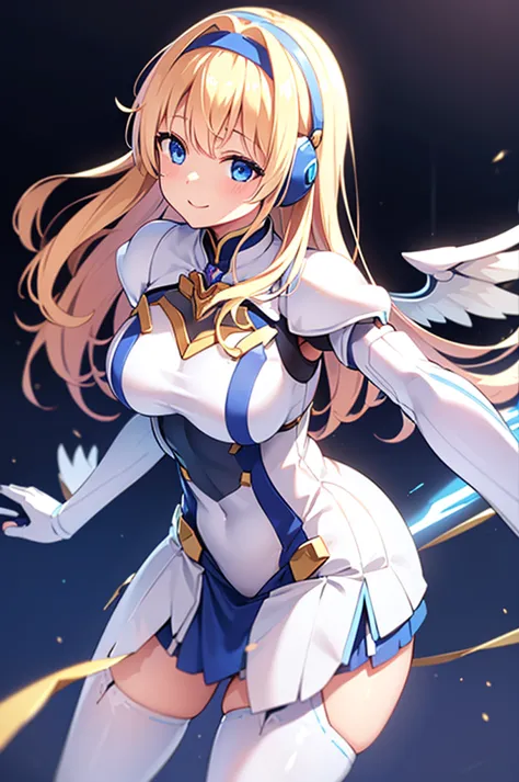 mecha wings、white and blue skirt、accentuated thighs、white tights、chest、beautiful golden hair、1 girl、solo girl、thick thighs、is、fr...