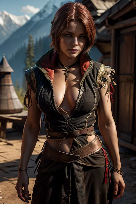 shani from the witcher half naked in torn clothes, exposes the body, , chest art 3d realism, super-realism depicted in detail ag...