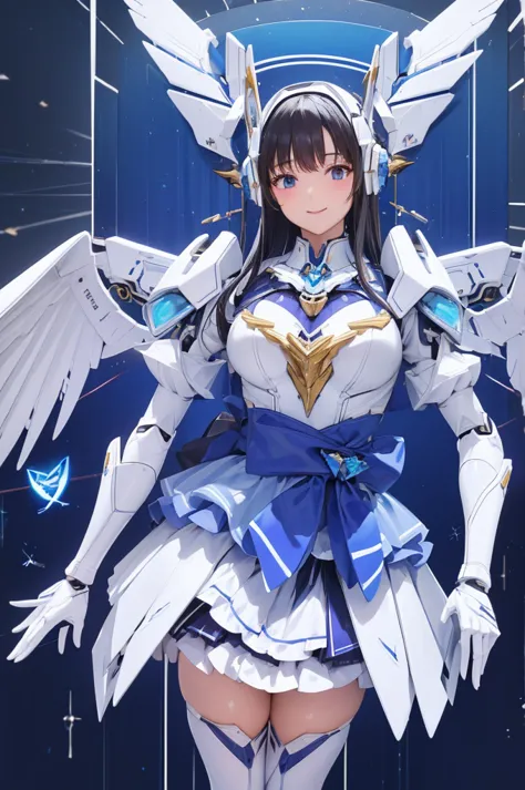 mecha wings、white and blue skirt、accentuated thighs、white tights、chest、beautiful black hair、1 girl、solo girl、thick thighs、is、fra...