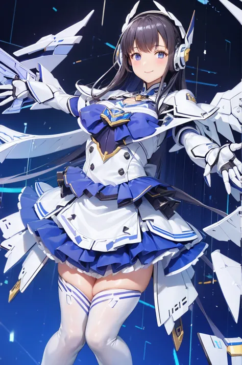 mecha wings、white and blue skirt、accentuated thighs、white tights、chest、beautiful black hair、1 girl、solo girl、thick thighs、is、fra...