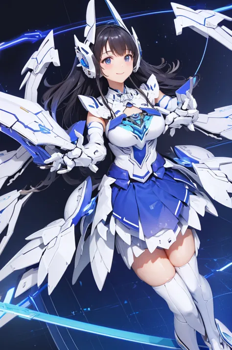 mecha wings、white and blue skirt、accentuated thighs、white tights、chest、beautiful black hair、1 girl、solo girl、thick thighs、is、fra...