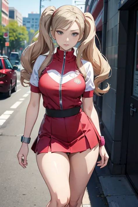 (((masterpiece))), HD 4k res image, no blur, Ann Takamaki, innocent, outdoor, wearing mini skirt, Thick thighs