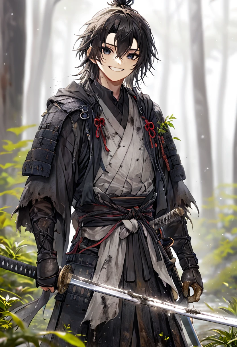 Ronin, Dirty, Boy, Two sword, black eyes, black samurai long unkempt hair, ragged body, gray- white Torn clothes, Smile, nature background.