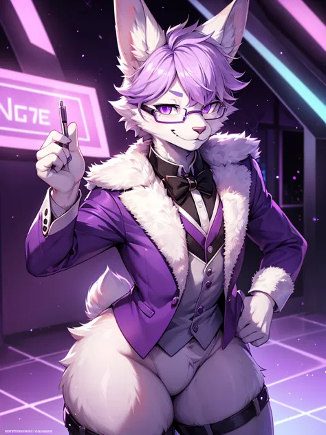 furry anthro bunny, white furr, white, purple eyes, fursona, male, cute, standing, bright eyes, purple eye shine, malicious face...