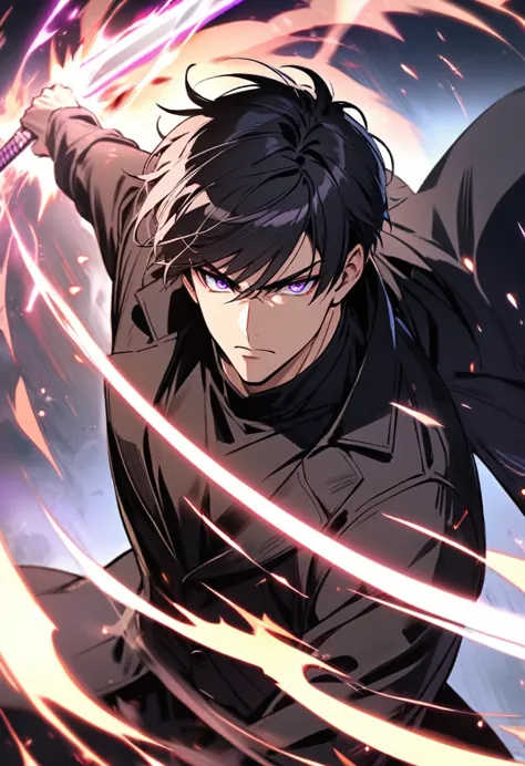 handsome, alone, 1 man, short hair, black hair, purple eyes, black shirt, black coat, Lots of power,fighting with sword