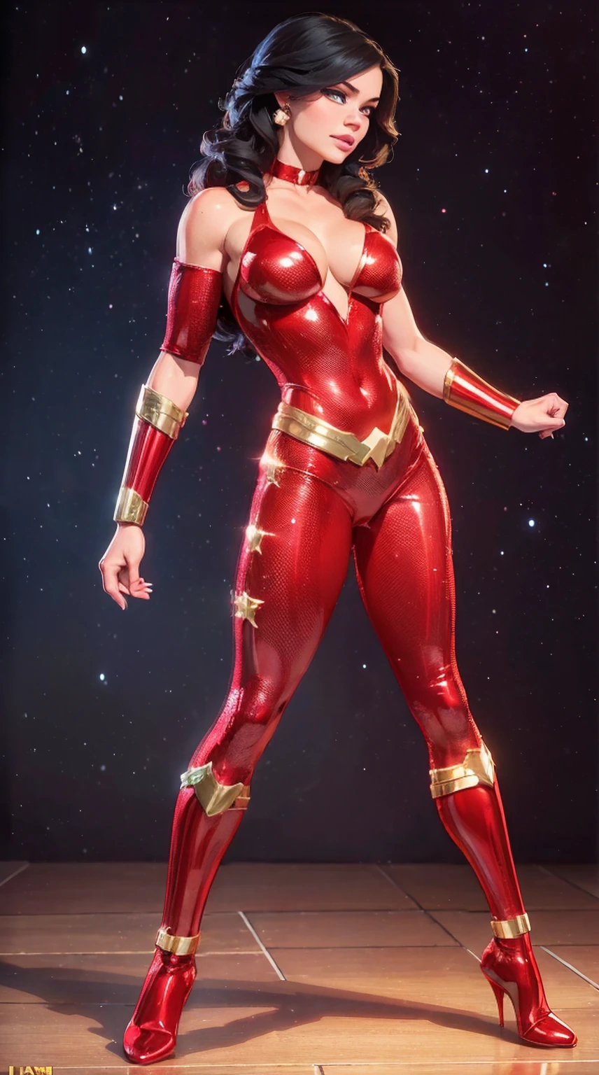 ((Full body photo,standing, feet on the ground)) (best quality,4k,8k,highres,masterpiece:1.2),ultra-detailed,(realistic,photorealistic,photo-realistic:1.37),portrait, donna Troy ,beautiful detailed eyes,beautiful detailed lips,extremely detailed face,long eyelashes, sexy,soft lighting,subtle background,professional photography,vivid colors full body ,  by a fan, blushing face () full body (seductive) (ready for ) (biting her liplue eyes) (Donna Troy) Amazon (wonder girl) (red outfit)