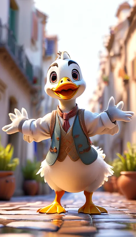 cute male duck, cartoon , arms, hands ,cute eyes, looking at viewer, arms up, french clothes, flawless, white background