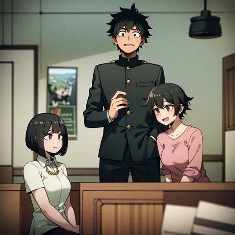 Deku and a girl with short black hair and black eyes talking in the classroom 1. To with kachan