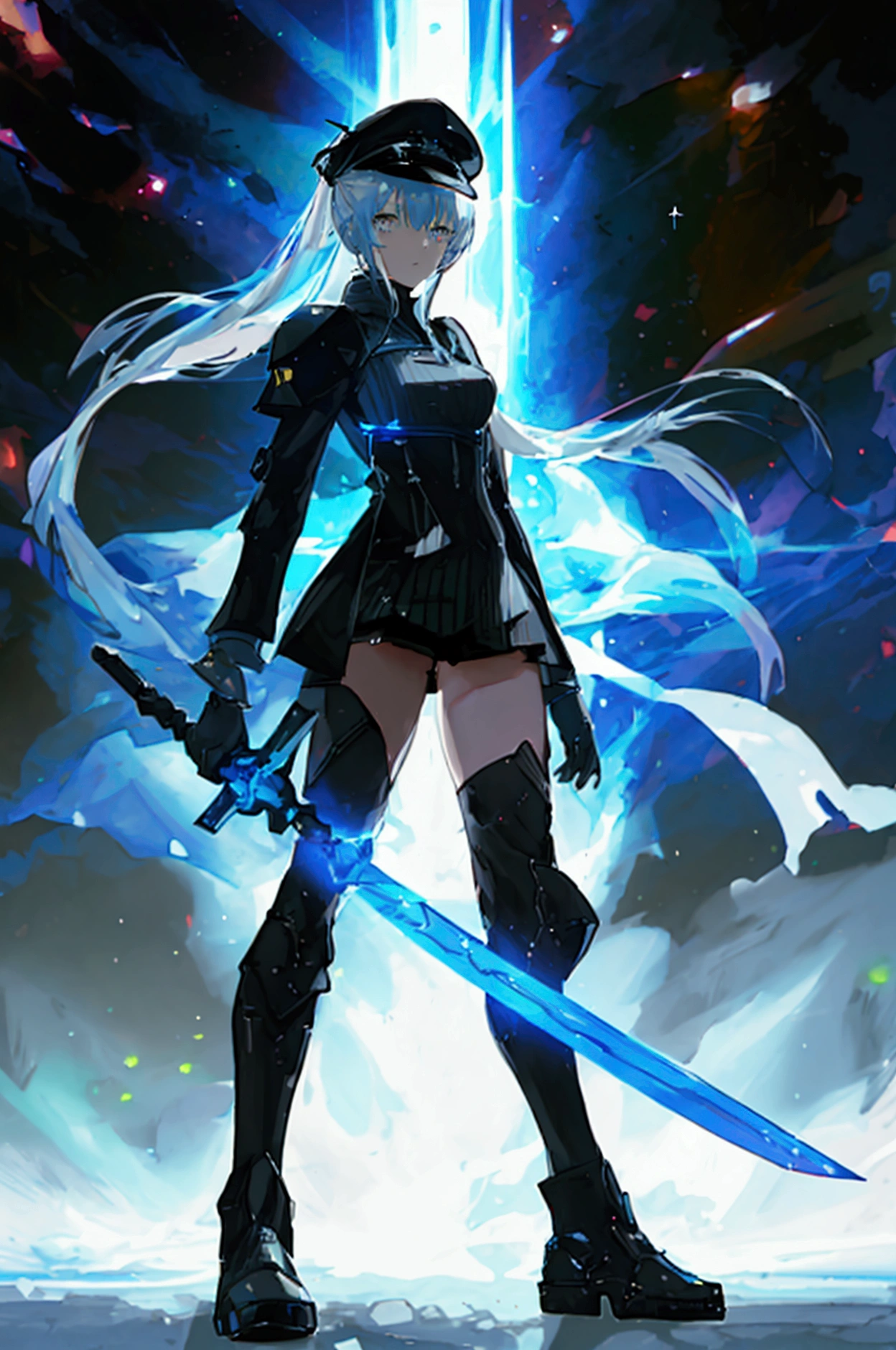 ((science fiction space fantasy)), A badass tall woman, (A female commander), ((a leader of a fleet of intergalactic armies)), White high ponytail with a glowing light blue highlights at the ends, Wielding a sword with deep blue aura, the mystical blade in her hand emitting a bright contrast blue light with a ray of energy, a futuristic intergalactic military uniform, Wearing Black shorts exposing the thighs, with a captain hat, a long simple dark boots. A masterpiece illustration, a light novel cover, best quality, best detail(Light novel illustrations), Arknights style, masterpiece, high quality, detailed.