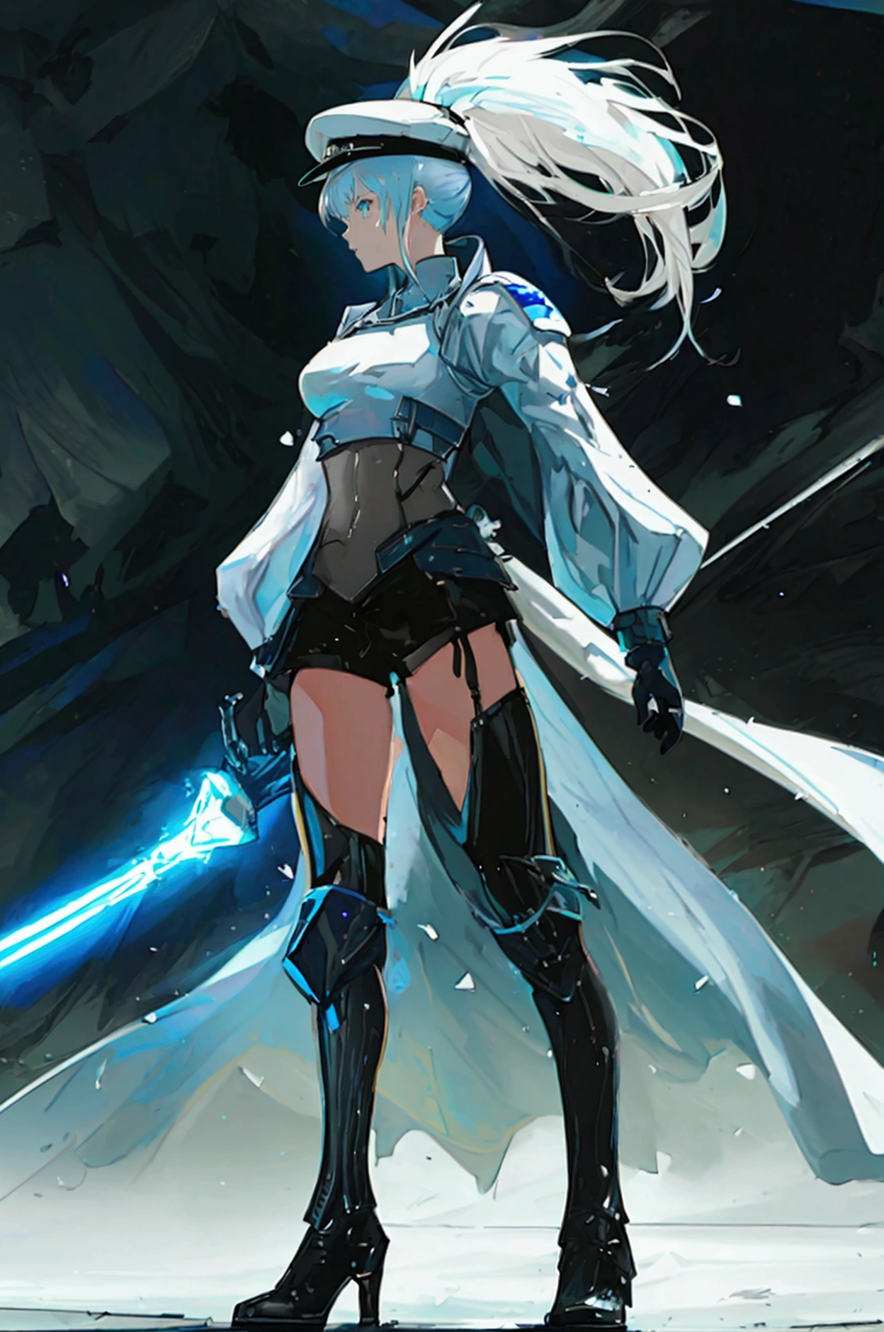 ((science fiction space fantasy)), A badass tall woman, (A female commander), ((a leader of a fleet of intergalactic armies)), White high ponytail with a glowing light blue highlights at the ends, Wielding a sword with deep blue aura, the mystical blade in her hand emitting a bright contrast blue light with a ray of energy, a futuristic intergalactic military uniform, Wearing Black shorts exposing the thighs, with a captain hat, a long simple dark boots. A masterpiece illustration, a light novel cover, best quality, best detail(Light novel illustrations), Arknights style, masterpiece, high quality, detailed.