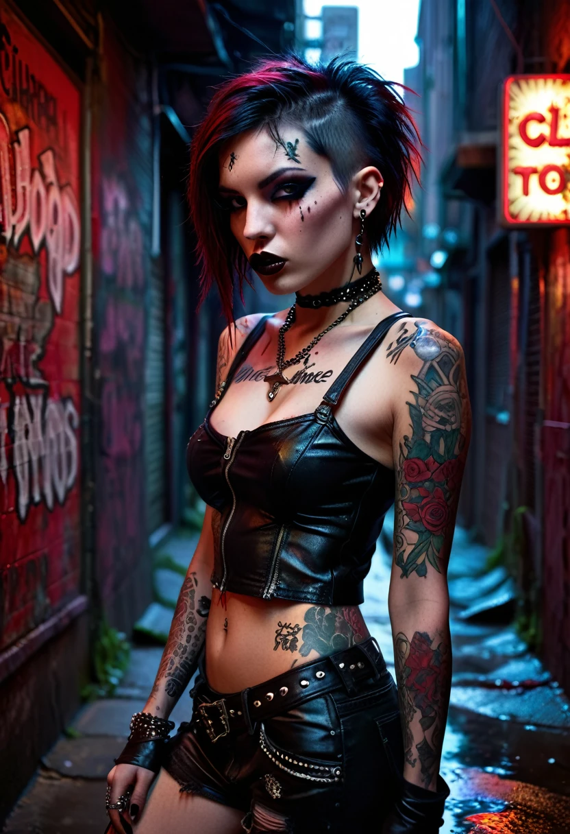 In a dimly lit, grungy alleyway, a gothic-punk girl, adorned in ripped leather and piercings, glares menacingly as she sips from a vial of dark, blood-red liquid. The shadows dance upon her intricately tattooed skin, her piercing gaze punctuated by the flickering light from a neon sign. Clash between the harsh reality of the urban setting and the ethereal and dark beauty of the girl, as she stands guard against all who dare to cross her path.