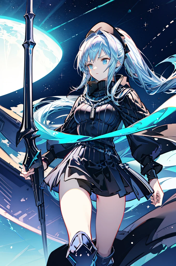 ((science fiction space fantasy)), A badass tall woman, (A female commander), ((a leader of a fleet of intergalactic armies)), White high ponytail with a glowing light blue highlights at the ends, Wielding a sword with deep blue aura, the mystical blade in her hand emitting a bright contrast blue light with a ray of energy, a futuristic intergalactic military uniform, Wearing Black shorts exposing the thighs, with a captain hat, a long simple dark boots. A masterpiece illustration, a light novel cover, best quality, best detail(Light novel illustrations), Arknights style, masterpiece, high quality, detailed.