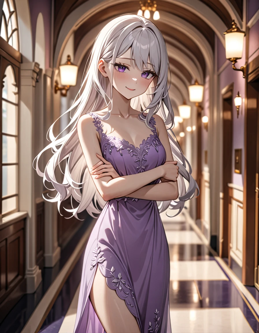 1 girl, short, slim, purple eyes, very long hair, white hair, hair reaching ankles, sleep light purple dress, hallway, blurry background, smirking, crossing arms, 8k, masterpiece, dim lighting, best quality, very aesthetic, absurdres, newest, intricate details, intricate, (SuperQuality:1.0) ~ (SuperQuality:1.2)