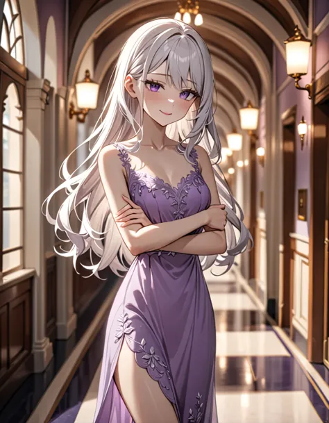 1 girl, short, slim, purple eyes, very long hair, white hair, hair reaching ankles, sleep light purple dress, hallway, blurry ba...