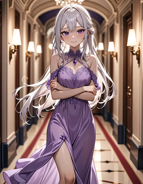 1 girl, short, slim, purple eyes, very long hair, white hair, hair reaching ankles, sleep light purple dress, hallway, blurry ba...