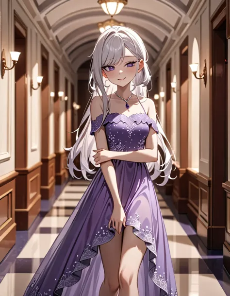 1 girl, short, slim, cute, purple eyes, very long hair, white hair, hair reaching ankles, sleep light purple dress, hallway, blu...