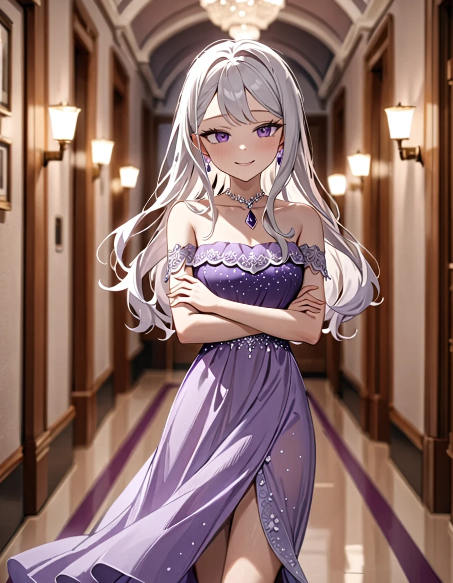 1 girl, short, slim, cute, purple eyes, very long hair, white hair, hair reaching ankles, sleep light purple dress, hallway, blurry background, smirking, crossing arms, 8k, masterpiece, dim lighting, best quality, very aesthetic, absurdres, newest, intricate details, intricate, (SuperQuality:1.0) ~ (SuperQuality:1.2)