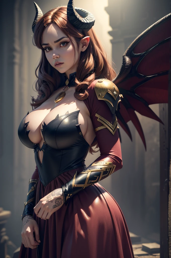 a light skinned woman with a semi round face, golden eyes, broken demon wings, demon tail, horns, brown hair, wearing a cute pink gothic dress, (best quality,4k,8k,highres,masterpiece:1.2),ultra-detailed,(realistic,photorealistic,photo-realistic:1.37),fantasy,horror,dark fantasy,digital art, intricate details,highly detailed,dramatic lighting,cinematic,moody atmosphere,rich textures
