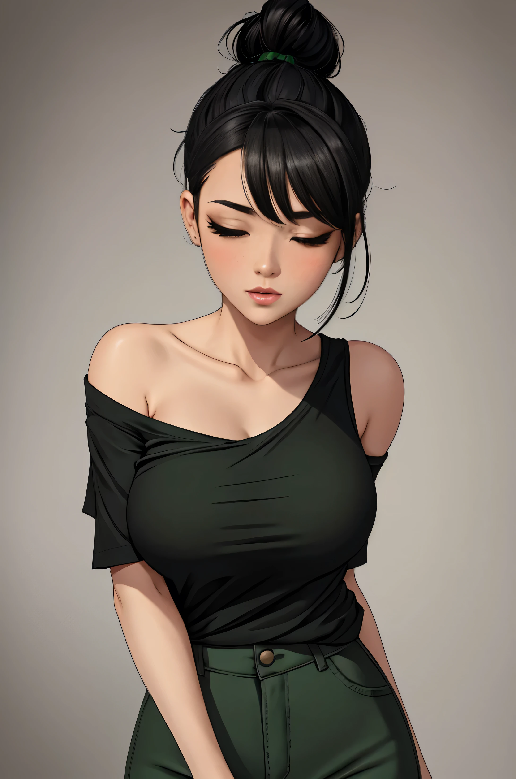 Sexy girl, black hair tied in a messy bun, amazing makeup, blushing intensely, flustered, lustful, perfect lips parted, wearing dark green coloured t-shirt, black trousers, white sneaker, hairbun, bangs, eyeliner, curvy, hyperrealistic, hyperdetailed ultra_detailed 8k resolution photo, illustration 