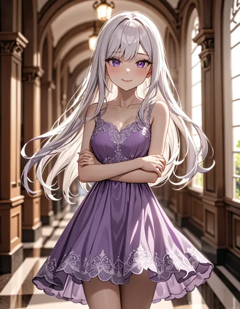 1 girl, short, slim, cute, purple eyes, very long hair, white hair, hair reaching ankles, sleep light purple dress, hallway, blu...