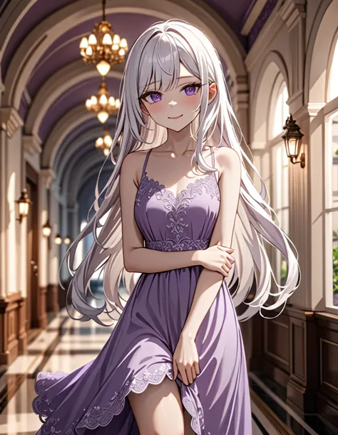 1 girl, short, slim, cute, purple eyes, very long hair, white hair, hair reaching ankles, sleep light purple dress, hallway, blu...