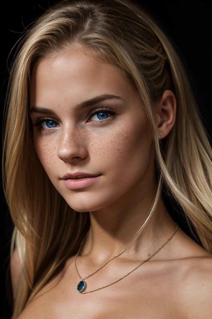 Le visage d&#39;Aidra Fox, Mignonne blonde américaine de 1, visage parfait avec des taches de rousseur, cheveux longs avec une queue de cheval, yeux bleus, un collier, plafonnier spectaculaire, fond noir, Lampe style Caravage, studio de photographie, hyperréaliste, fille réaliste, jolie fille avec un corps sexy, ultra détaillé, complexe, Ultra réaliste, corps tonique. Ses seins sont moyens et beaux, Elle est dans une pièce sombre, portant seulement un haut de sport argentin, abdominaux forts, Piercing au nombril, à moitié nu, tout le corps, en demi-profil, debout, debout sur pieds, sans sous-vêtements, poils pubiens, cheveux hirsutes dans son beau vagin, cheveux dans sa région génitale
