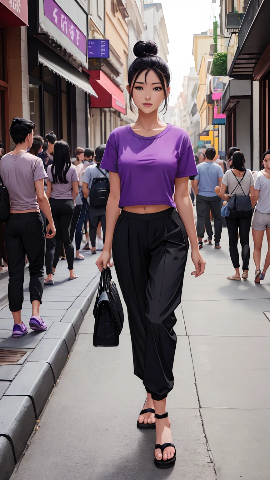 A beautiful young girl wearing violet coloured t-shirt, black lower, sleepers in foot, black hair perct hair bun, walking on street, perfect feminine figure, beauty of allures, ((black lower pant))