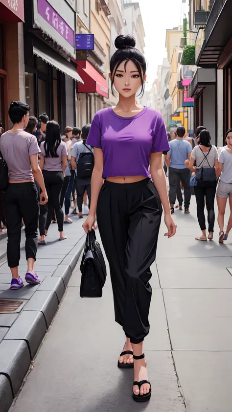 A beautiful young girl wearing violet coloured t-shirt, black lower, sleepers in foot, black hair perct hair bun, walking on str...