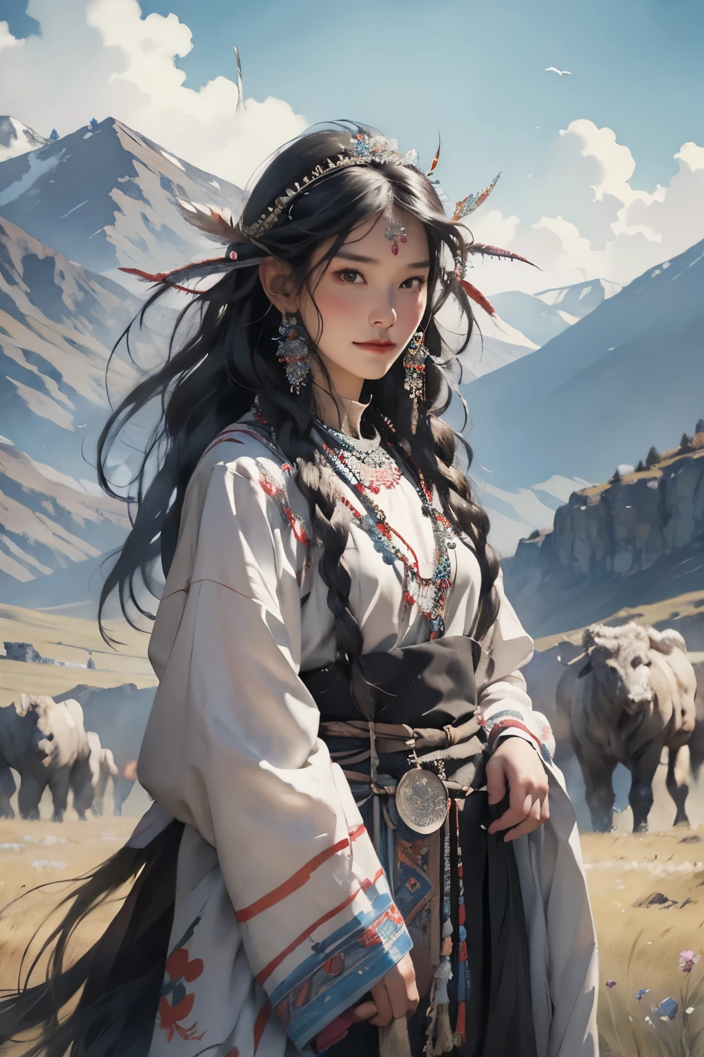 Vestidos com trajes nacionais、Mulher Aravud com cocar e penas, Uma pintura detalhada de Yang Jianjun, popular no ArtStation, arte de fantasia, obras de arte no estilo de Gu Weiss, Gu Weiss, Lindo jovem elfo do vento, linda pintura de personagem, Gu Weiss no artstation pixiv, Arte detalhada de alta qualidade 8k, Gu Weiss no pixiv artstation