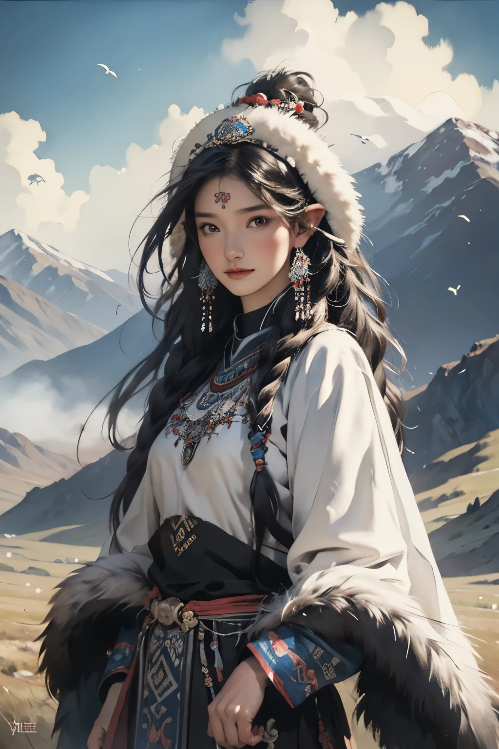 Vestidos com trajes nacionais、Mulher Aravud com cocar e penas, Uma pintura detalhada de Yang Jianjun, popular no ArtStation, arte de fantasia, obras de arte no estilo de Gu Weiss, Gu Weiss, Lindo jovem elfo do vento, linda pintura de personagem, Gu Weiss no artstation pixiv, Arte detalhada de alta qualidade 8k, Gu Weiss no pixiv artstation