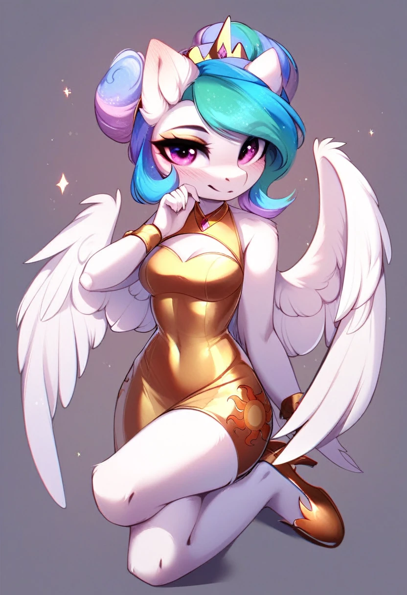 check_9, check_8_up, check_7_up, source_fluffy, rating_safe, from Magnaluna, Celestia poses seductively in a white bedroom, hair bun with bangs, pink eyes, white body, anthro, blushing, wearing white and gold tight skirt, full body