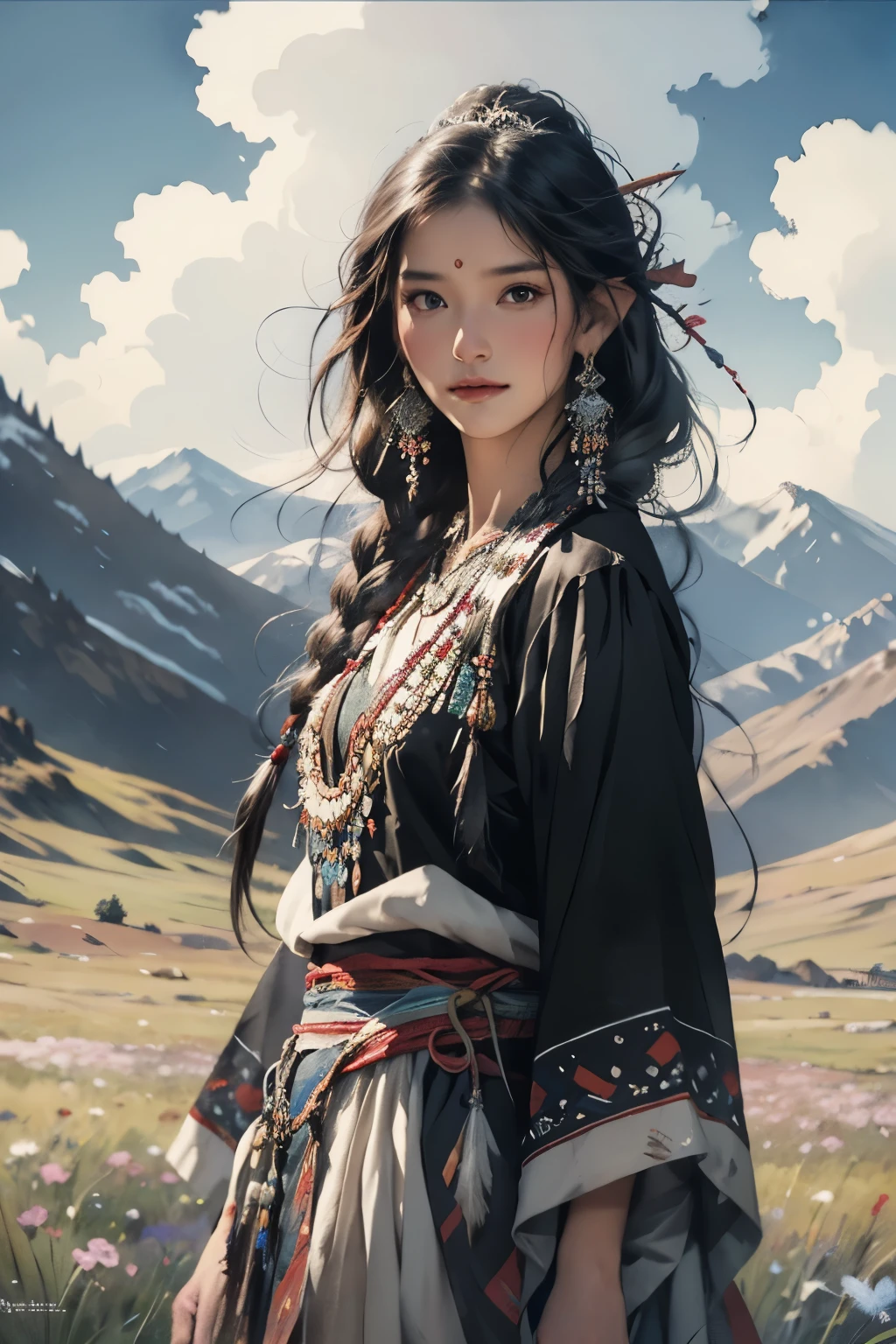 Vestidos com trajes nacionais、Mulher Aravud com cocar e penas, Uma pintura detalhada de Yang Jianjun, popular no ArtStation, arte de fantasia, obras de arte no estilo de Gu Weiss, Gu Weiss, Lindo jovem elfo do vento, linda pintura de personagem, Gu Weiss no artstation pixiv, Arte detalhada de alta qualidade 8k, Gu Weiss no pixiv artstation