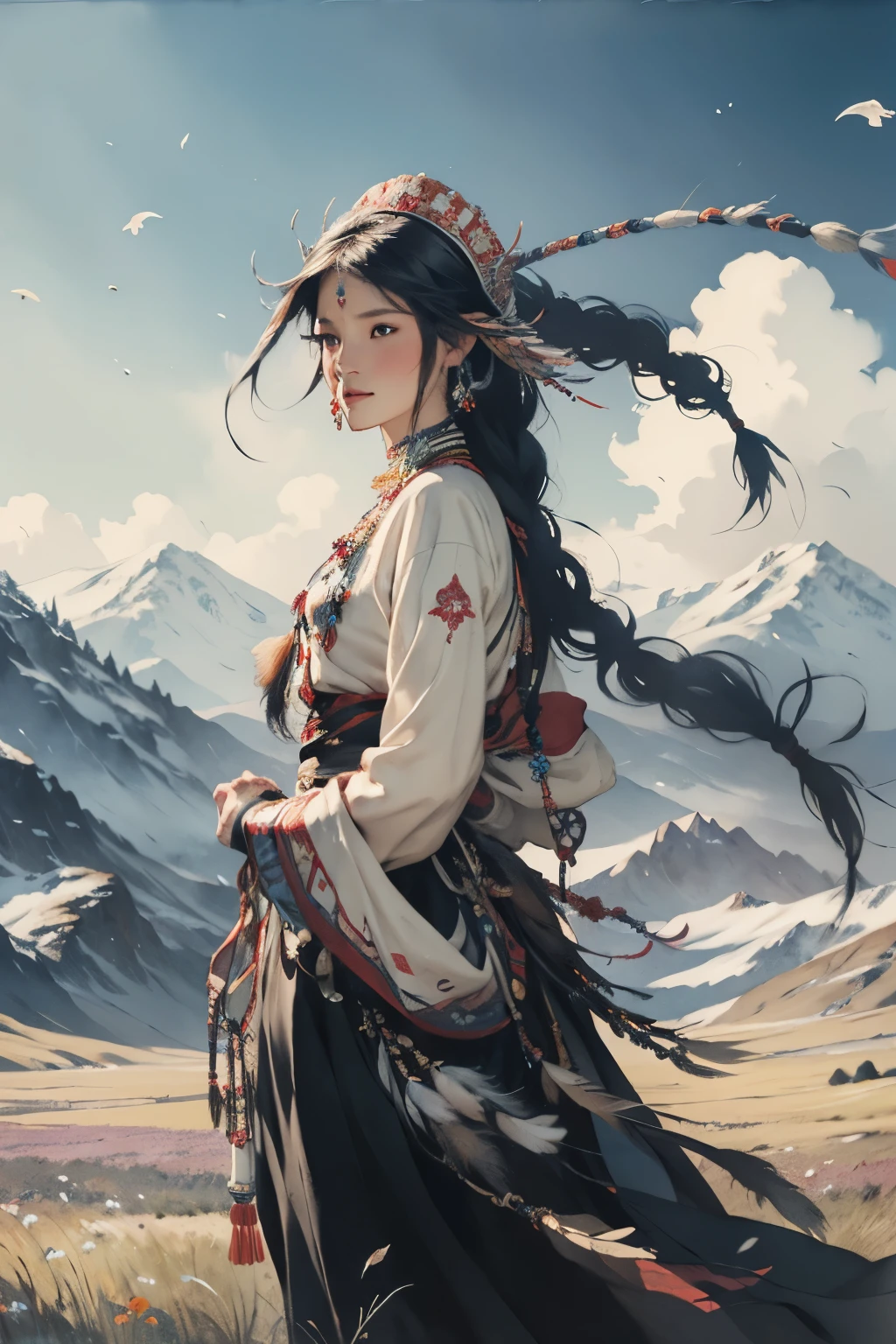 Vestidos com trajes nacionais、Mulher Aravud com cocar e penas, Uma pintura detalhada de Yang Jianjun, popular no ArtStation, arte de fantasia, obras de arte no estilo de Gu Weiss, Gu Weiss, Lindo jovem elfo do vento, linda pintura de personagem, Gu Weiss no artstation pixiv, Arte detalhada de alta qualidade 8k, Gu Weiss no pixiv artstation