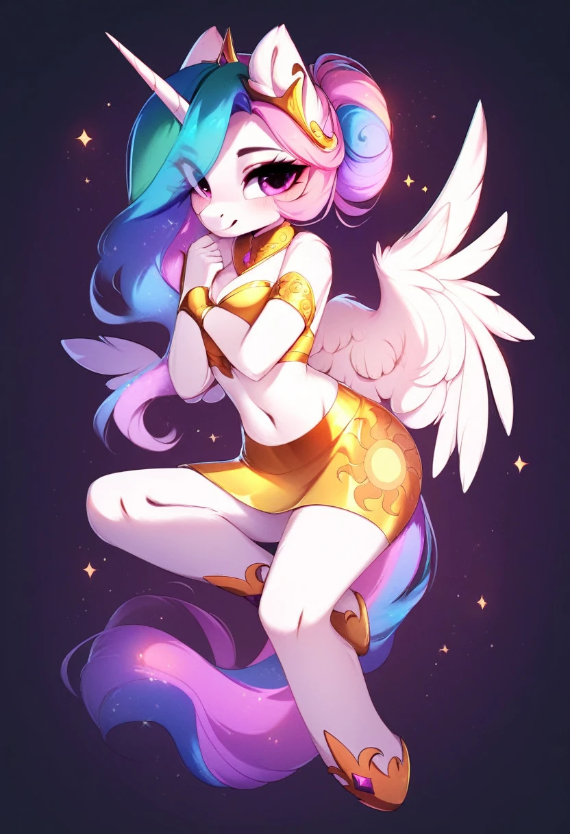 check_9, check_8_up, check_7_up, source_fluffy, rating_safe, from Magnaluna, Celestia poses seductively in a white bedroom, hair bun with bangs, pink eyes, white body, anthro, blushing, wearing white and gold tight skirt, full body