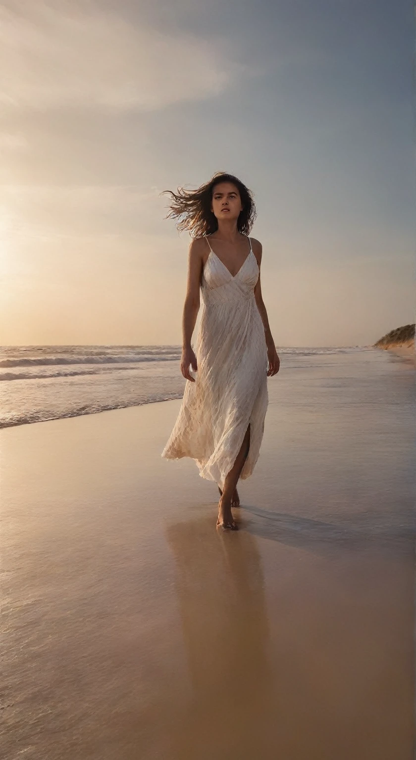 araffe woman walking en la playa al atardecer with her hair blowing in the wind, wearing a white vestido fluido, wearing a vestido fluido, vestido fluido, vestido fluido, Chica flaca con vestido boho blanco, vestido blanco fluido, vistiendo un vestido de verano que fluye, telas fluidas y brillantes, vestido largo blanco, Ángulo inferior, en la playa al atardecer