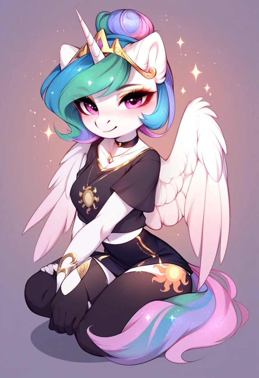 check_9, check_8_up, check_7_up, source_fluffy, rating_safe, from Magnaluna, Celestia poses seductively in a white bedroom, hair bun with bangs, pink eyes, white body, anthro, blushing, wearing white and gold tight skirt, full body