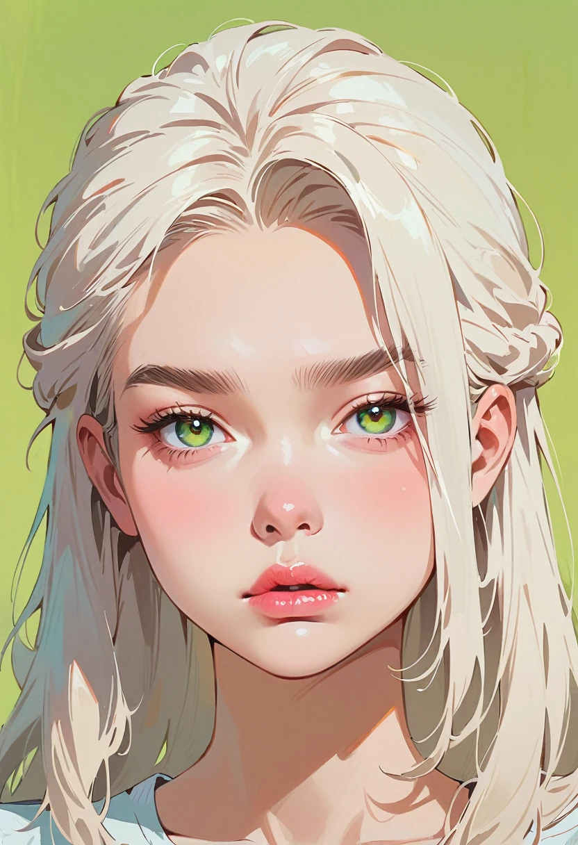 (masterpiece, best quality:1.2), 1 girl, solitary，Anime style，White hair, Green pupils, Frowning, lips pink, nervous，Long blond hair, One side long sideburns, Green Background.