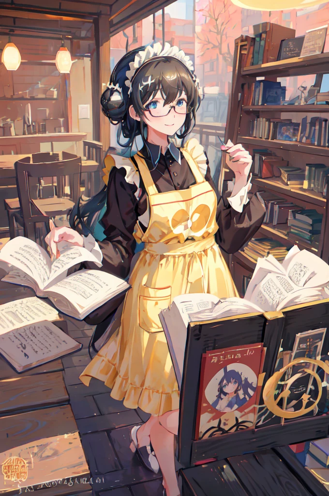 sagisawa fumika, One Girl, Glasses, Maid, alone, Bookshelf, blue eyes, Black Hair, Alternative costumes, Maid headdress, apron, enMaided, smile, Juliet Sleeve, dress, Long sleeve, Puff sleeves, Glassesをかけた, View your audience, Book, Maid apron, single Hair Bun, chest, library, white apron, Hair Bun, indoor, blush, brooch, Frills, black dress, official Alternative costumes, large chest, Long Hair, Side Lock, 丸いGlasses