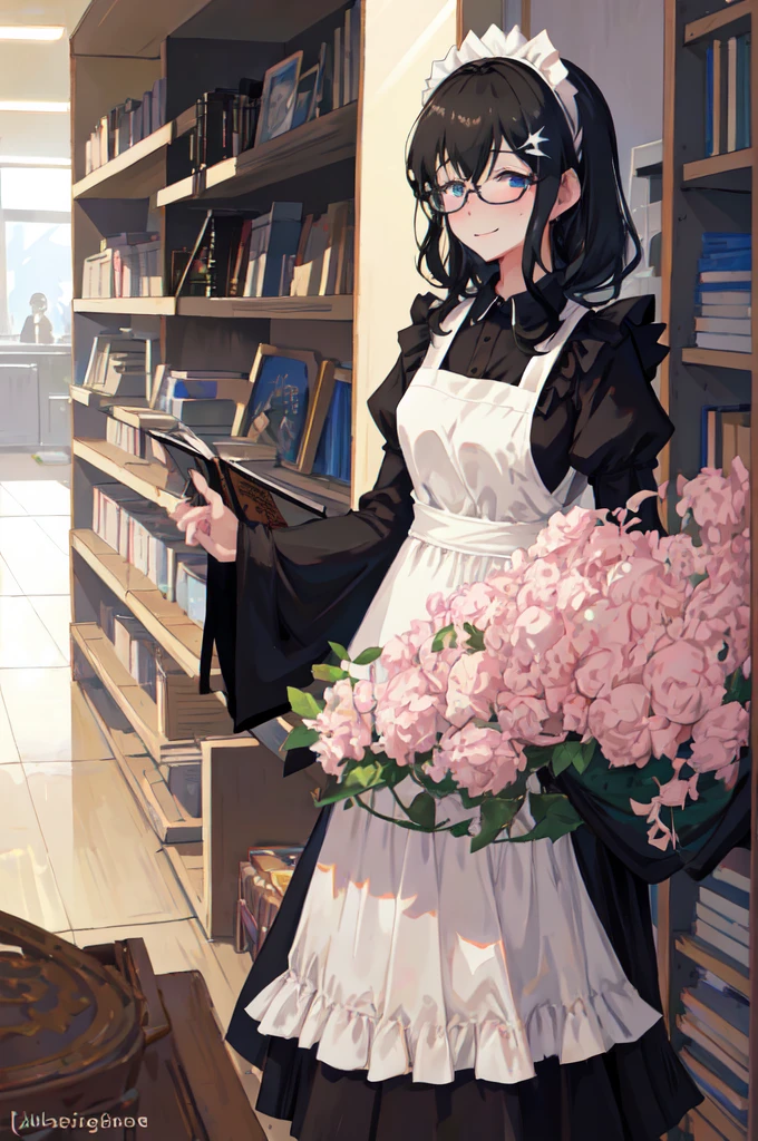 sagisawa fumika, Uma garota, copos, empregada doméstica, sozinho, livroshelf, olhos azuis, Cabelo preto, Trajes alternativos, empregada doméstica headvestir, apron, enempregada domésticaed, sorriso, Manga Julieta, vestir, manga comprida, mangas bufantes, coposをかけた, Veja seu público, livro, empregada doméstica apron, single Coque de cabelo, Peito, biblioteca, avental branco, Coque de cabelo, interior, corar, broche, babados, black vestir, official Trajes alternativos, large Peito, cabelo longo, bloqueio lateral, 丸いcopos