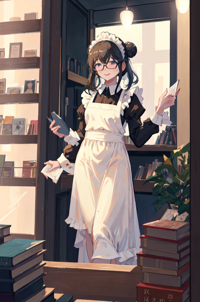 sagisawa fumika, One Girl, Glasses, Maid, alone, Bookshelf, blue eyes, Black Hair, Alternative costumes, Maid headdress, apron, enMaided, smile, Juliet Sleeve, dress, Long sleeve, Puff sleeves, Glassesをかけた, View your audience, Book, Maid apron, single Hair Bun, chest, library, white apron, Hair Bun, indoor, blush, brooch, Frills, black dress, official Alternative costumes, large chest, Long Hair, Side Lock, 丸いGlasses