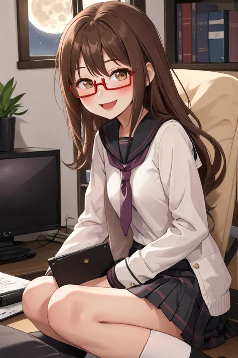 highest quality, masterpiece, high resolution, alone, {full moon_fleet collection:1.15}, long hair, brown hair, glasses, brown_e...