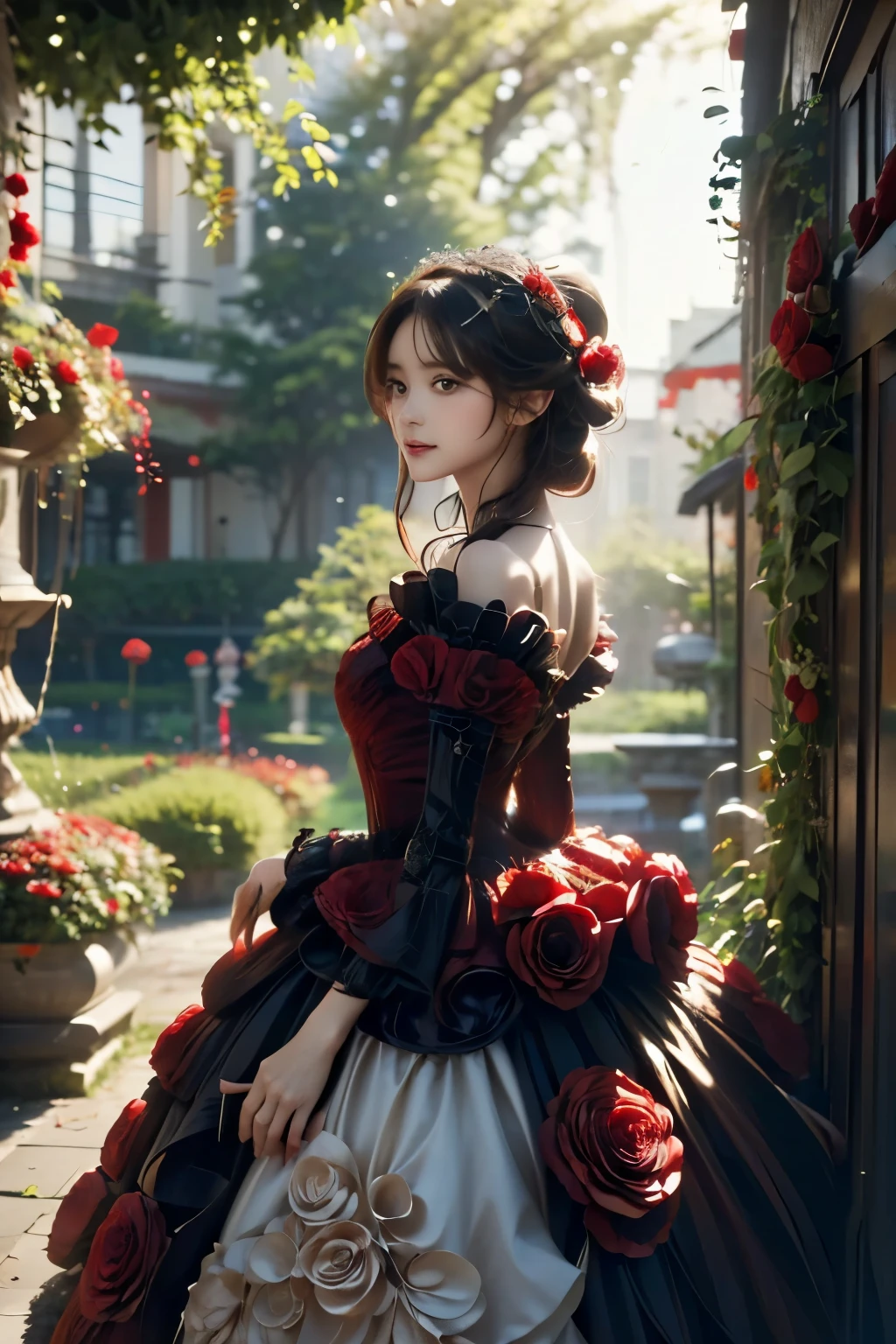 One Woman，Japanese，Brown Hair，Lolita Fashion，{classical lolita}，{Claroly}，Your favorite clothes，Coordination，Portrait，tall，tallロリィタ，Real，Natural，whole body，Headdress，beautiful，{The secluded young lady}，Lady，rose garden，Rose Garden，garden，Roses bloom all around，Real，natural，{ボンネットHeaddress}，{Puff up your skirt with a pannier}，The skirt silhouette is also beautiful.，My favorite dress，Ladylike，grace，race，Frills，Rococo style，