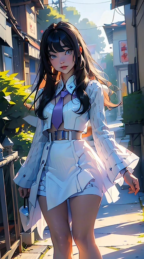 ((highest quality、masterpiece、shining eyes、detailed))、sharp focus、1 cute girl、beautiful face、pop background、beautiful anime、1girl、young girl、 solo、long hair、cute bangs、 、elegant、 looking at viewer、standing、Isometric light、、4k、city、beautiful trees、dawn sky、purple color、beautiful clouds