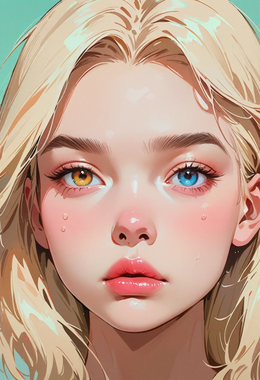 (masterpiece, best quality:1.2), 1 girl, solitary，Anime style, Heterochromia, Frowning, lips pink, nervous，Lips tightly closed, Long blond hair, One side long sideburns, Cyan background.