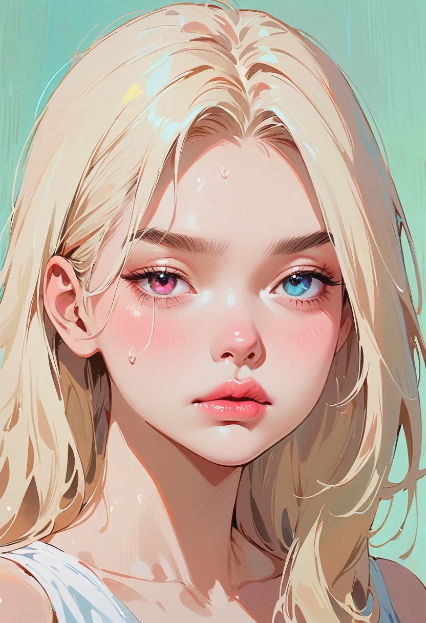 (masterpiece, best quality:1.2), 1 girl, solitary，Anime style, Heterochromia, Frowning, lips pink, nervous，Lips tightly closed, Long blond hair, One side long sideburns, Cyan background.