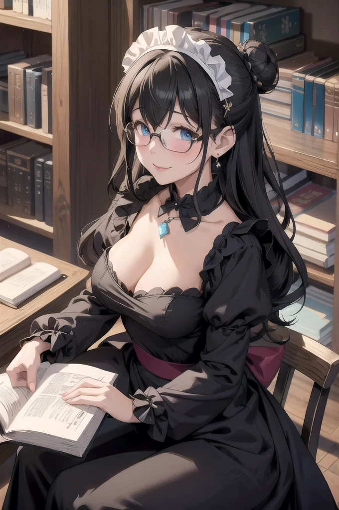 sagisawa fumika, One Girl, Glasses, Maid, alone, Bookshelf, blue eyes, Black Hair, Alternative costumes, Maid headdress, apron, enMaided, smile, Juliet Sleeve, dress, Long sleeve, Puff sleeves, Glassesをかけた, View your audience, Book, Maid apron, single Hair Bun, chest, library, white apron, Hair Bun, indoor, blush, brooch, Frills, black dress, official Alternative costumes, large chest, Long Hair, Side Lock, 丸いGlasses