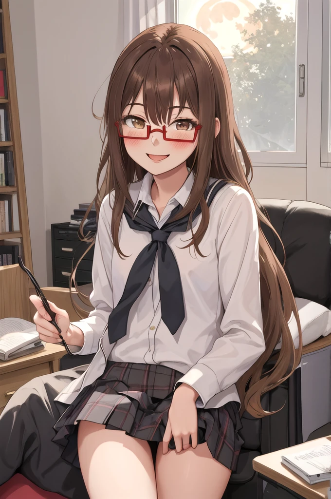 Highest quality, masterpiece, High resolution, alone, {full moon_Fleet Collection:1.15}, Long Hair, Brown Hair, Glasses, brown_eye, red-framed_Glasses, semi-rimless_Glasses, Crescent Moon, black_Seraphim, blush, Under Rim_Glasses, One girl, Closed_eye, Open_mouth, School_uniform, (indoor, office, living room), , blackスカート, ^_^, eggplant, smile