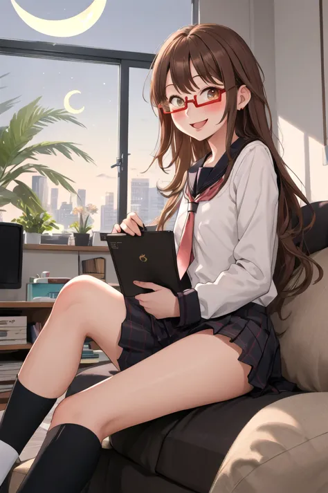 highest quality, masterpiece, high resolution, alone, {full moon_fleet collection:1.15}, long hair, brown hair, glasses, brown_e...