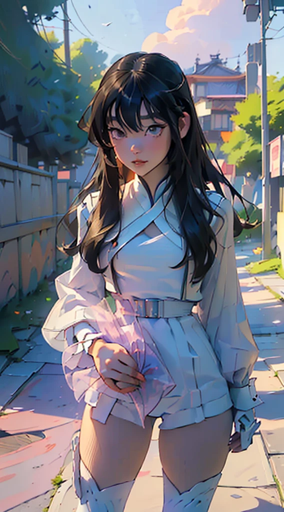 ((highest quality、masterpiece、((detailed))、sharp focus、1 cute girl、beautiful face、pop background、beautiful anime、1girl、young girl、 solo、long hair、cute bangs、 、elegant、 looking at viewer、standing、Isometric light、4k、city、beautiful trees、dawn sky、purple color、beautiful clouds